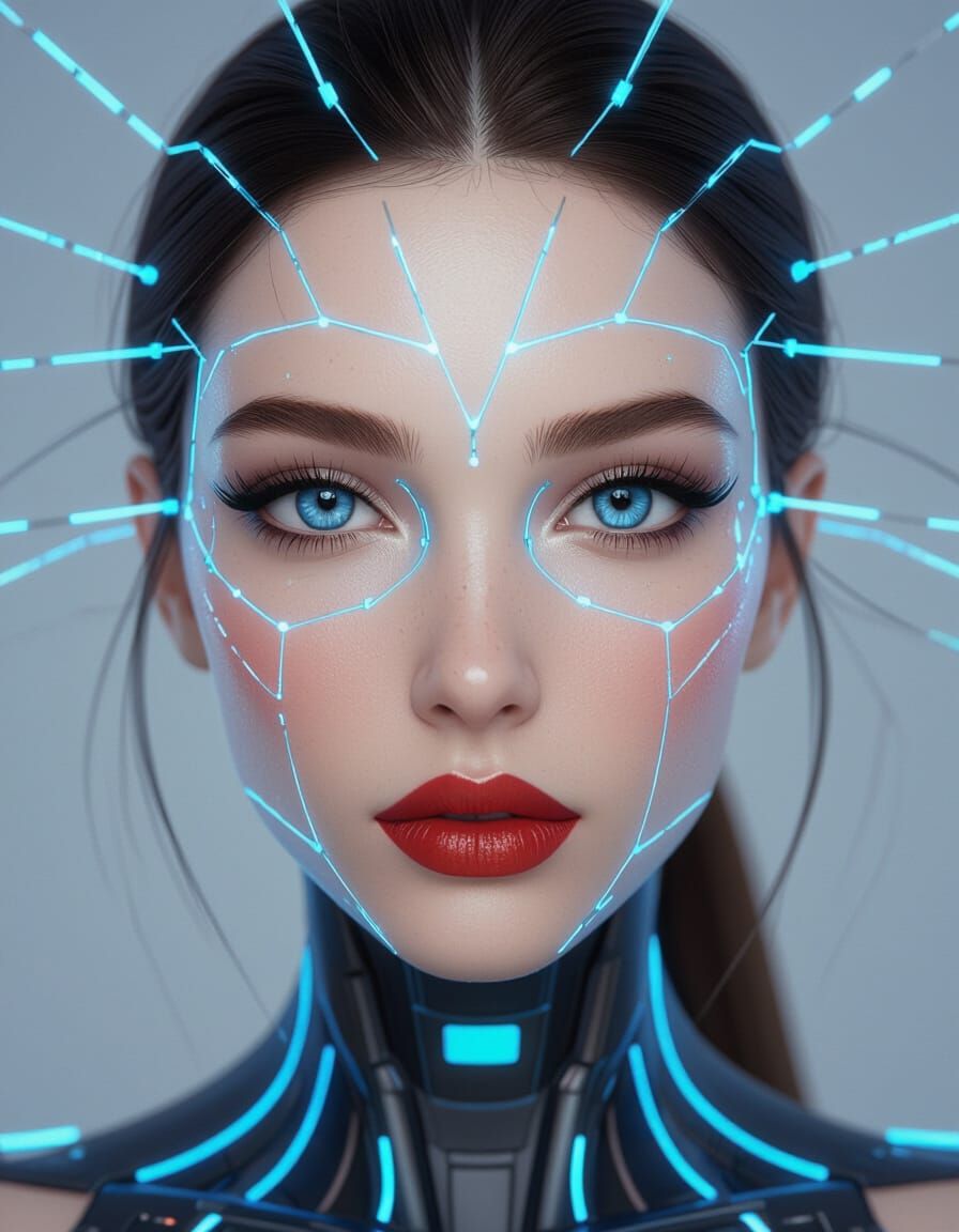 Cybernetic Woman Portrait with Neon Lights