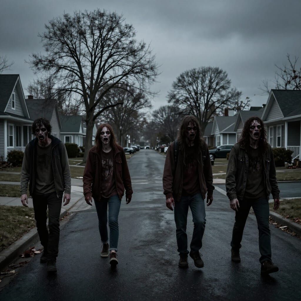 Zombie Apocalypse In Dark Suburban Streets