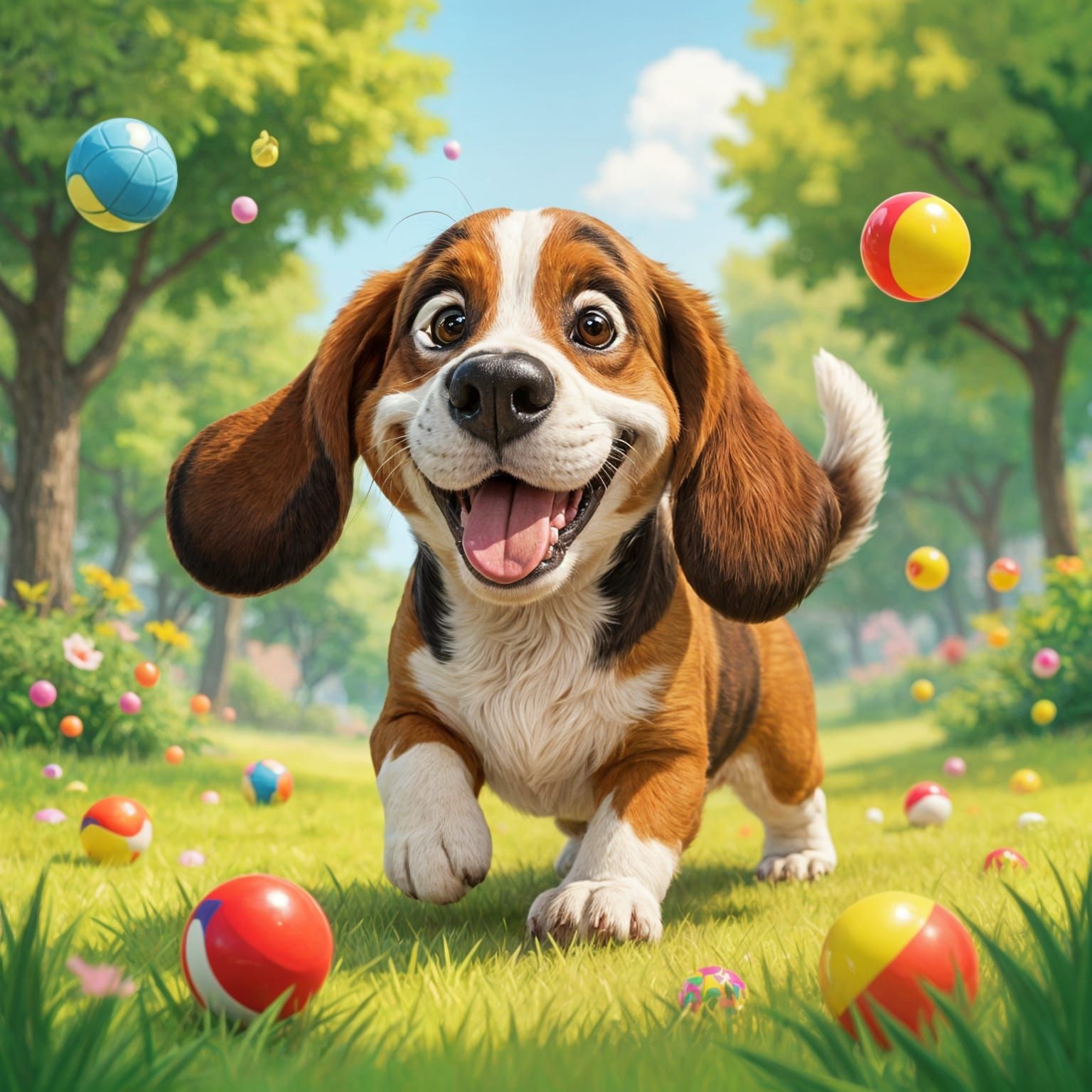 Cartoon Basset Hound Chasing Balls in Sunny Park