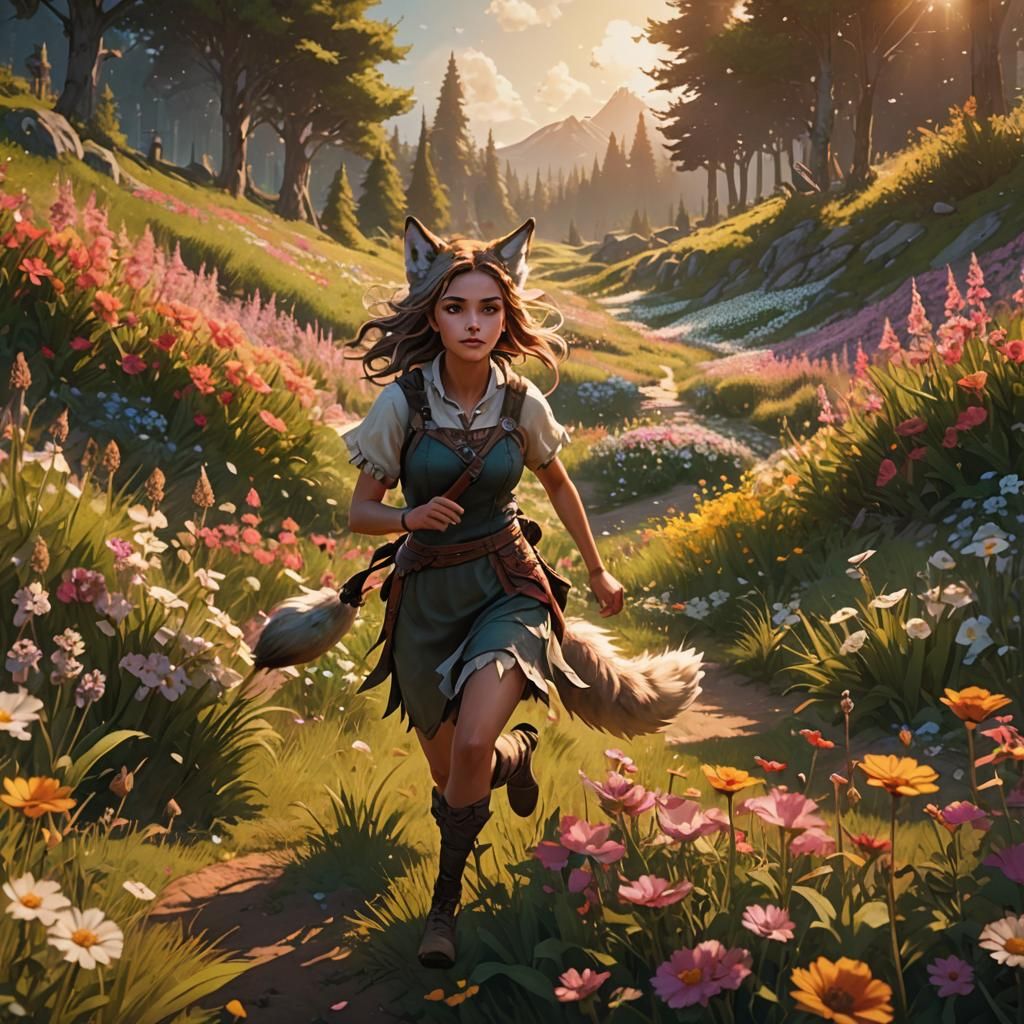 Wolf Girl Running Through Flower Field: Fantasy Matte Painti...