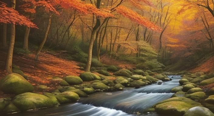 Watercolor Autumn Forest Stream with Bokeh