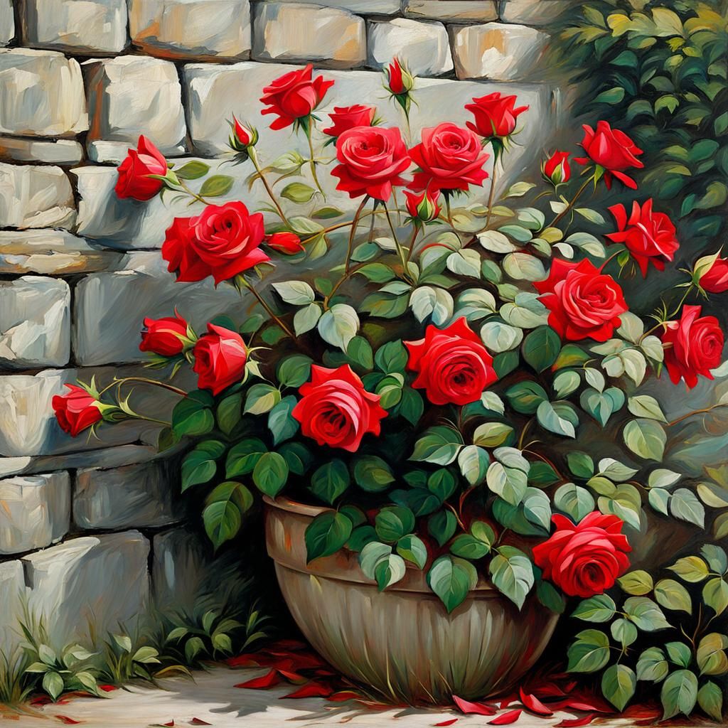Red Roses Against Stone Wall in Oil Painting Style