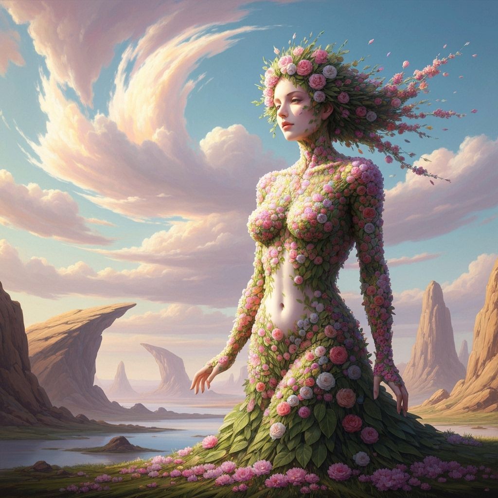 Surreal Flower Woman in Dreamlike Landscape Painting