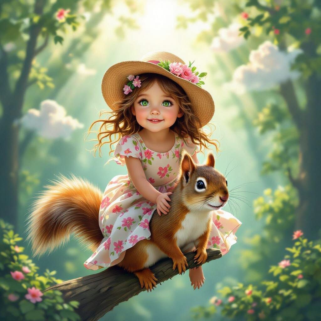 Girl Rides Squirrel Over Forest Canopy in Realistic Painting