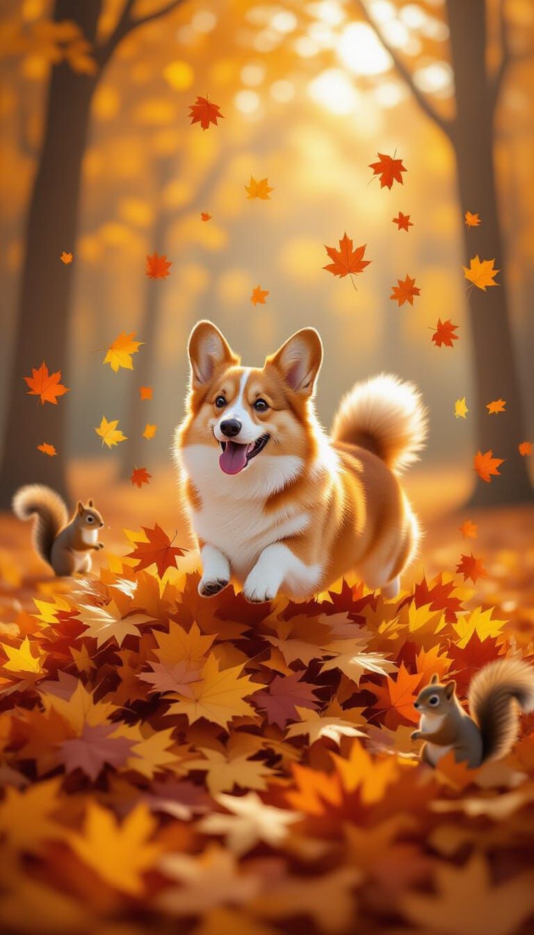 Cute Animals Playing in Autumn Leaves