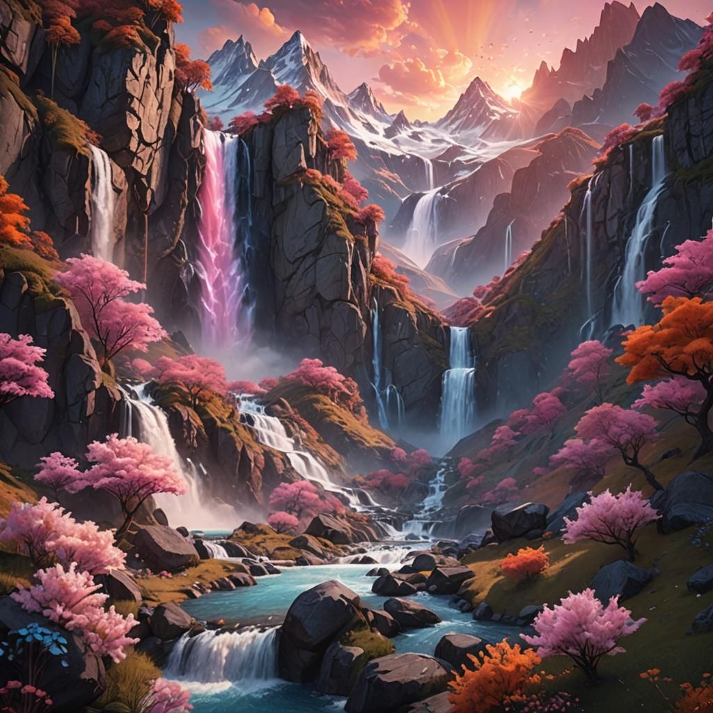 Cotton Candy Sunset with Waterfall, Fantasy Art