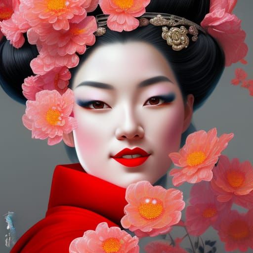 Beautiful Geisha in Flowery Kimono: Hyperrealistic Concept A...
