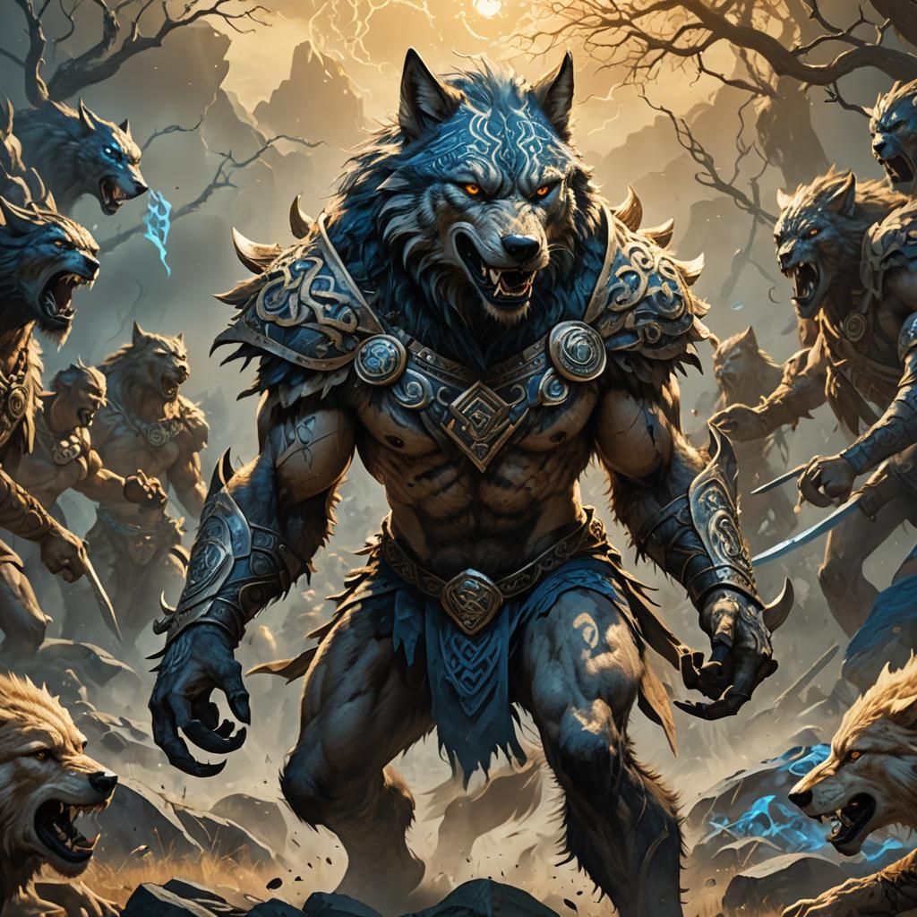 Wolf-like Celtic Warrior Mid-Transformation, Fantasy Art