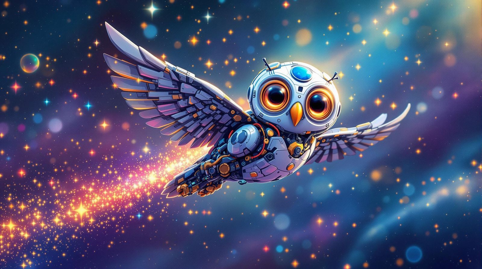 Robotic Owl Soars Through Cosmic Cubist Landscape
