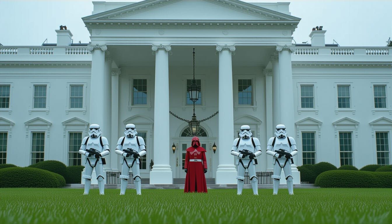Stormtroopers Guarding White House in Cinematic Film Still