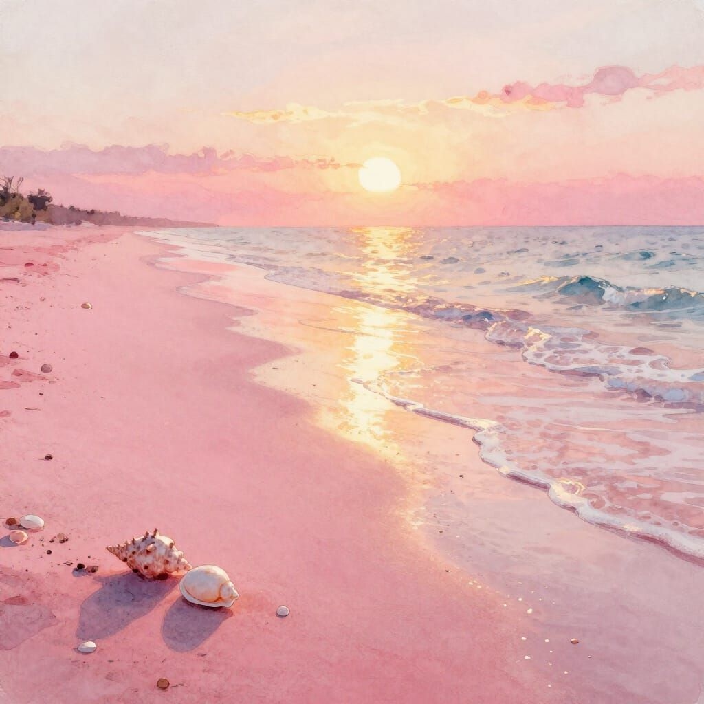 Pink Sand Beach at Sunset in Ethereal Watercolor Style