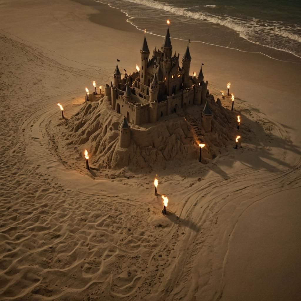 Moody Beachside Sand Castle in Cinematic Atmosphere