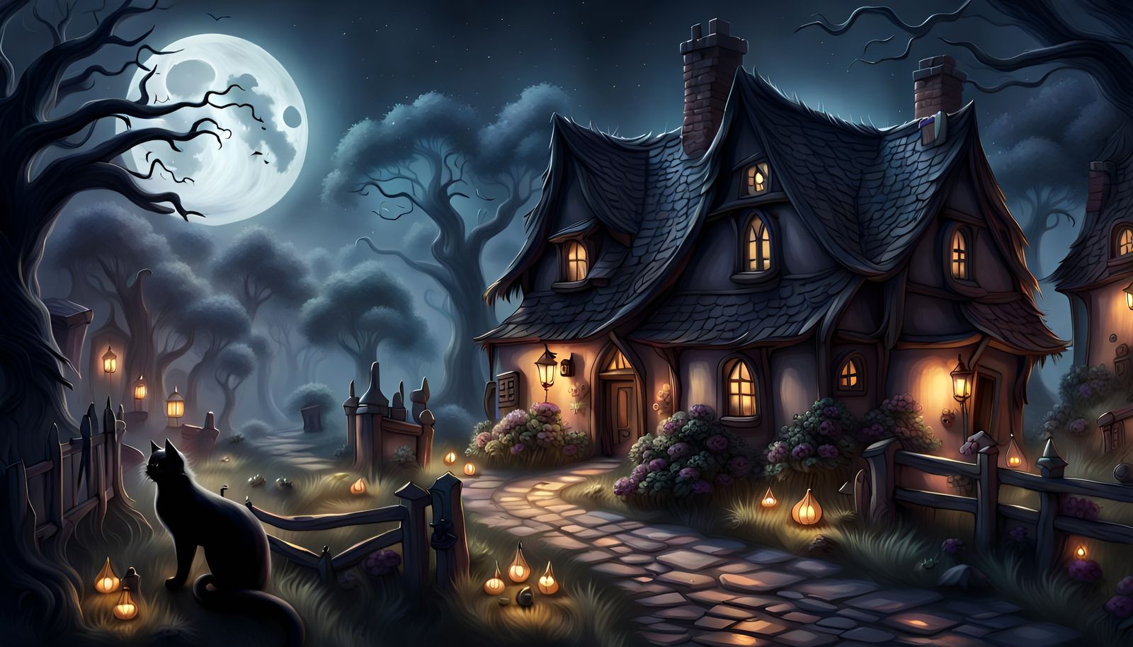 My Open Prompt: Haunted Countryside Village, Thomas Kinkade Style
