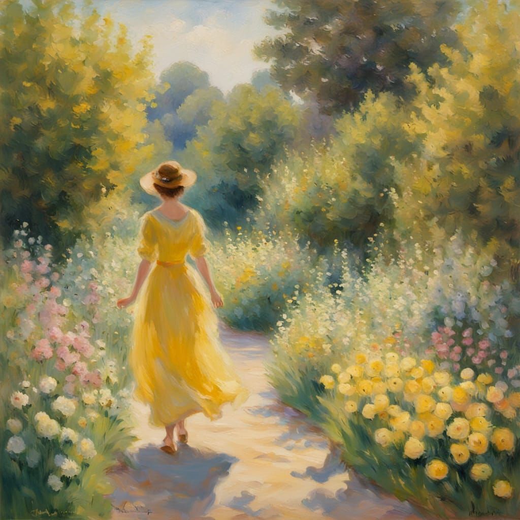 Woman Walking in a Vibrant Spring Garden in Soft Impressioni...