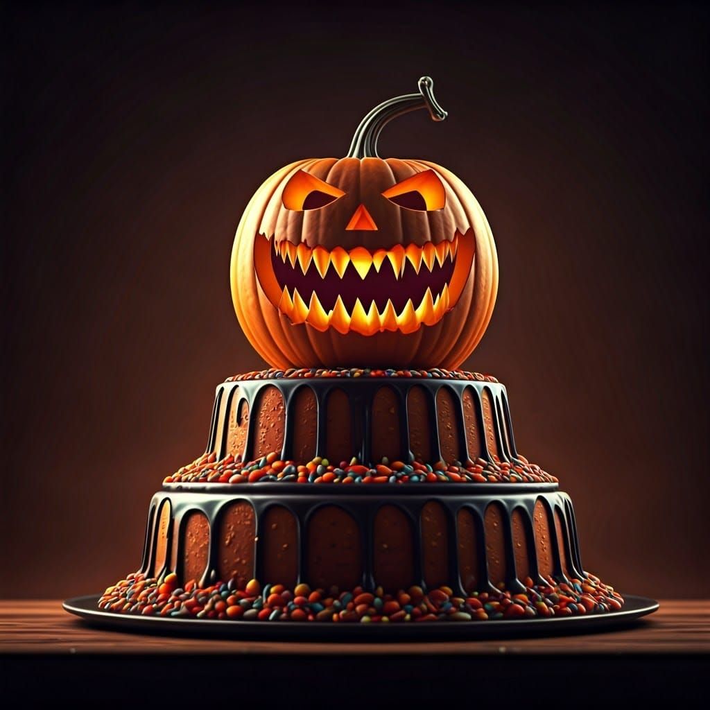 Spooky Halloween Gourd Cake in Digital Matte Painting Style