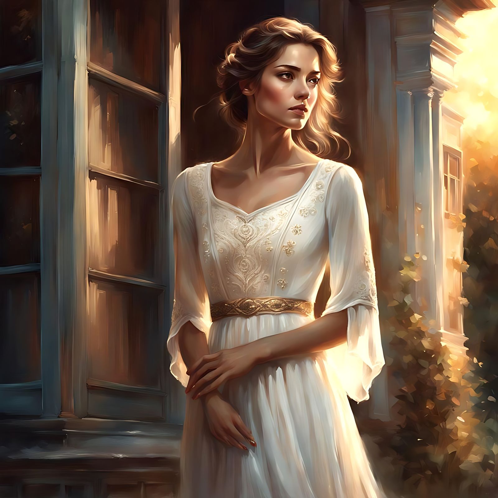 Elegant Woman in White Dress Fantasy Art