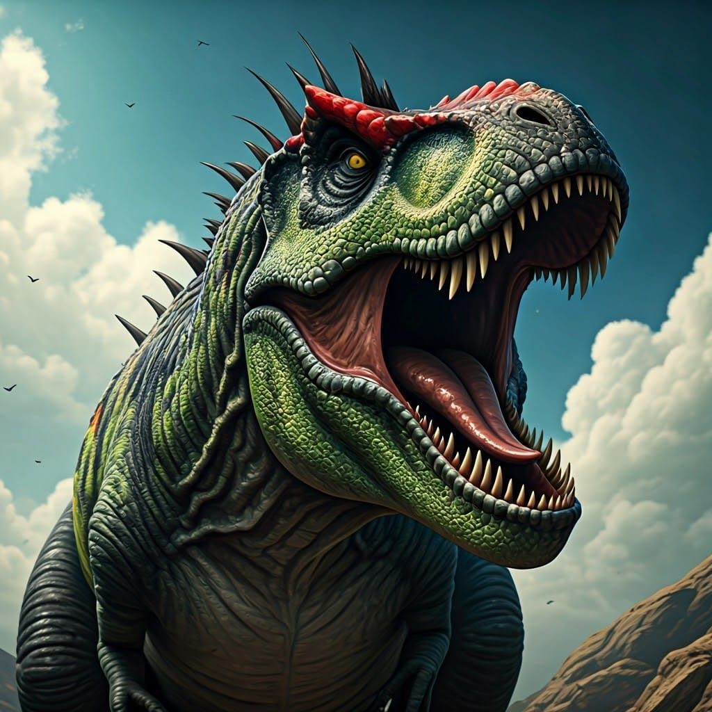 Mutated T-Rex Roars in Rocky, Neon Lit Landscape