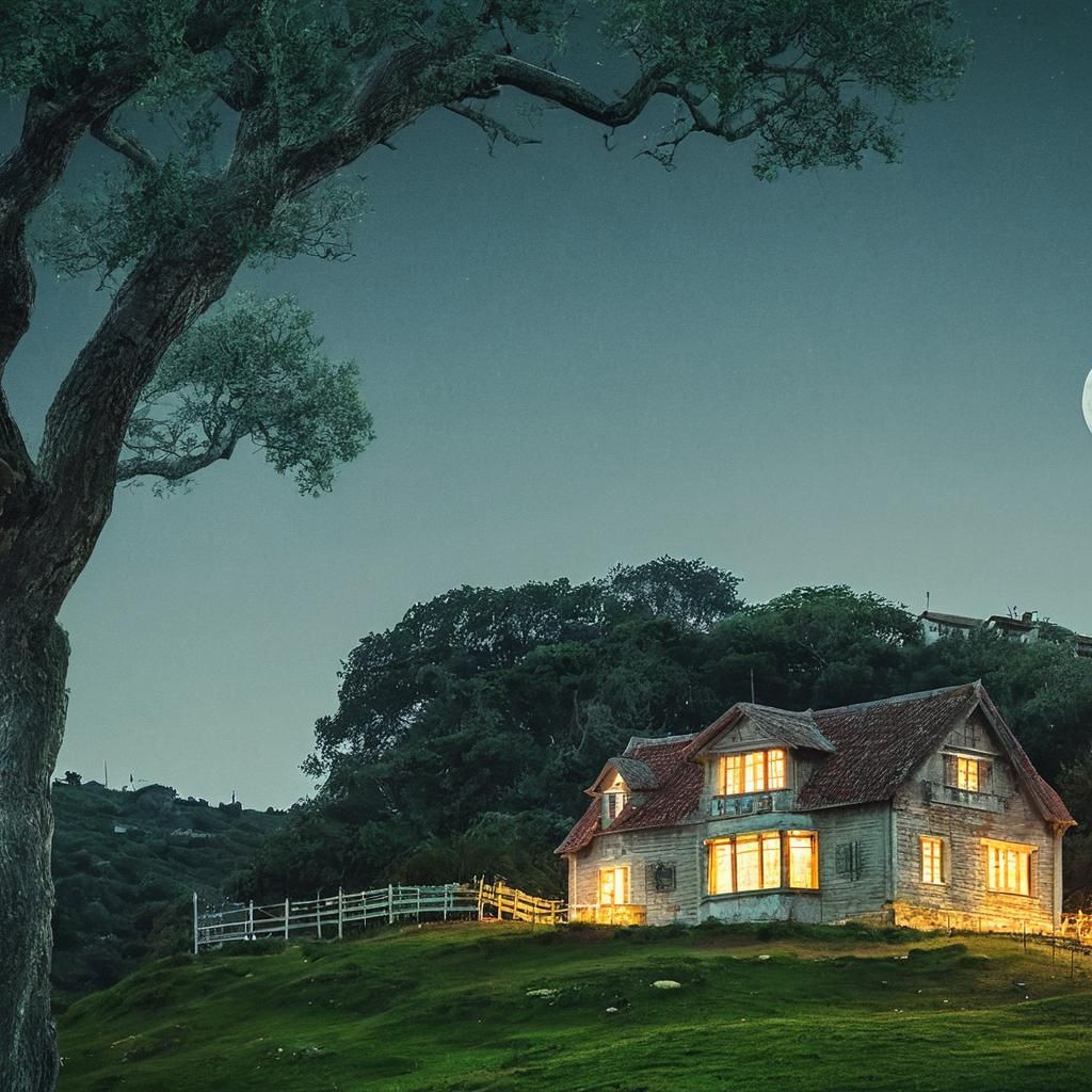 Idyllic Beach Scene with Oak Tree in Moonlight