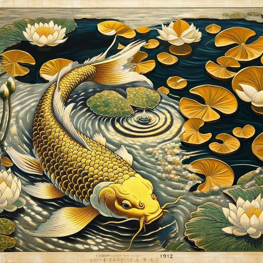 Golden Koi Fish in Lotus Pond Impasto Painting