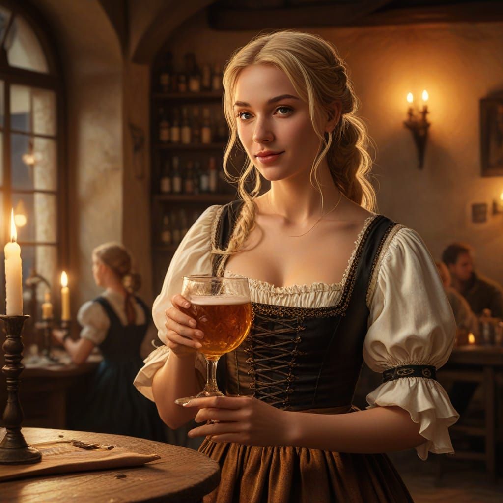 Renaissance Barmaid in Medieval Tavern by Candlelight