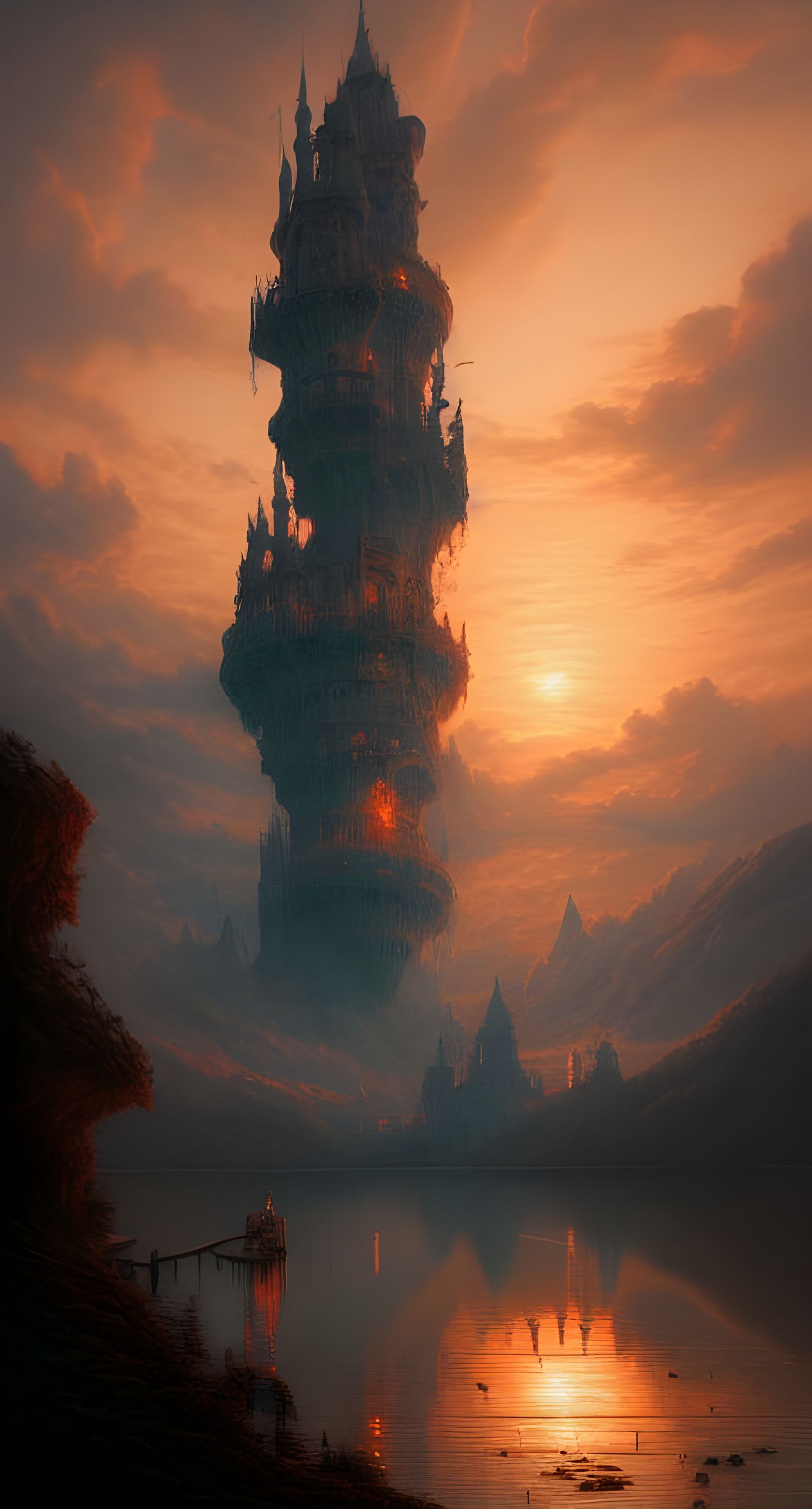 Babel Tower Castle at Sunset, Mixed Media Art