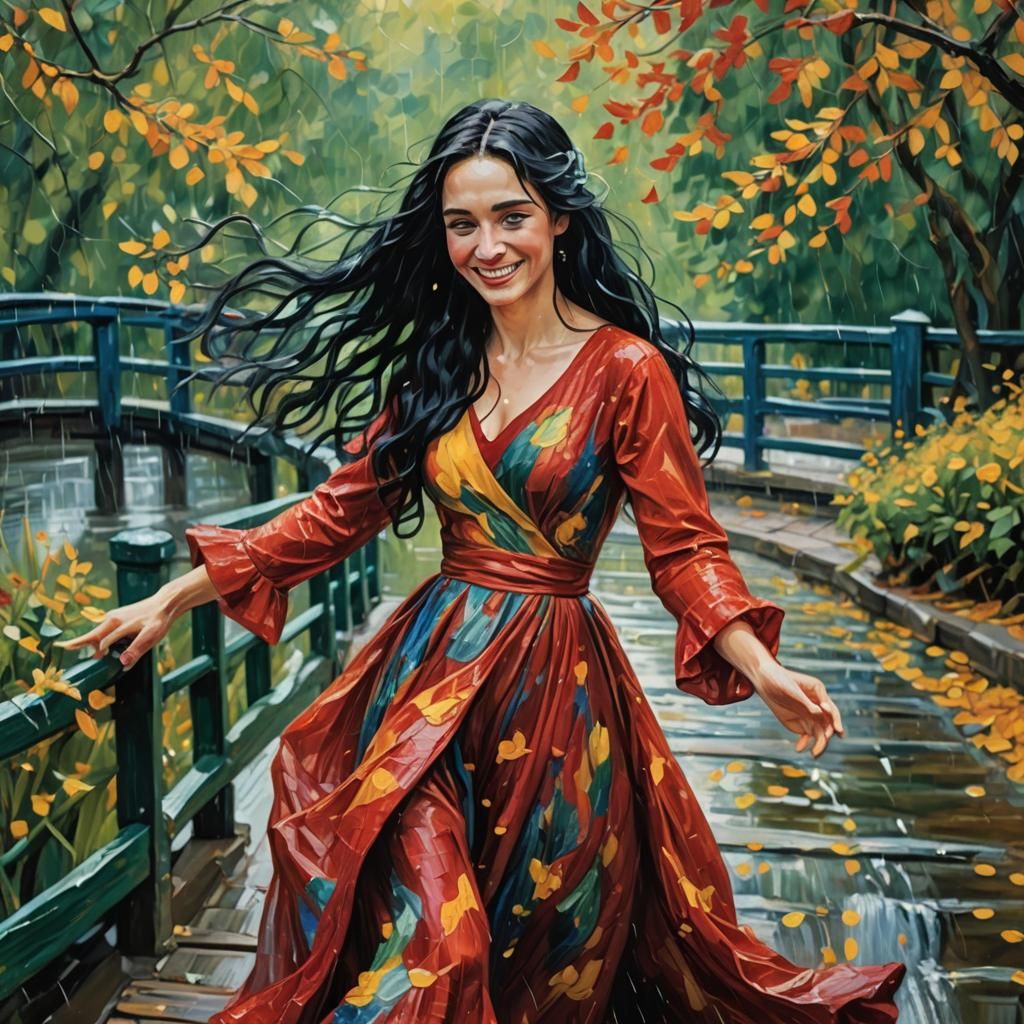 Woman Dancing in Rain as Impasto Oil Painting