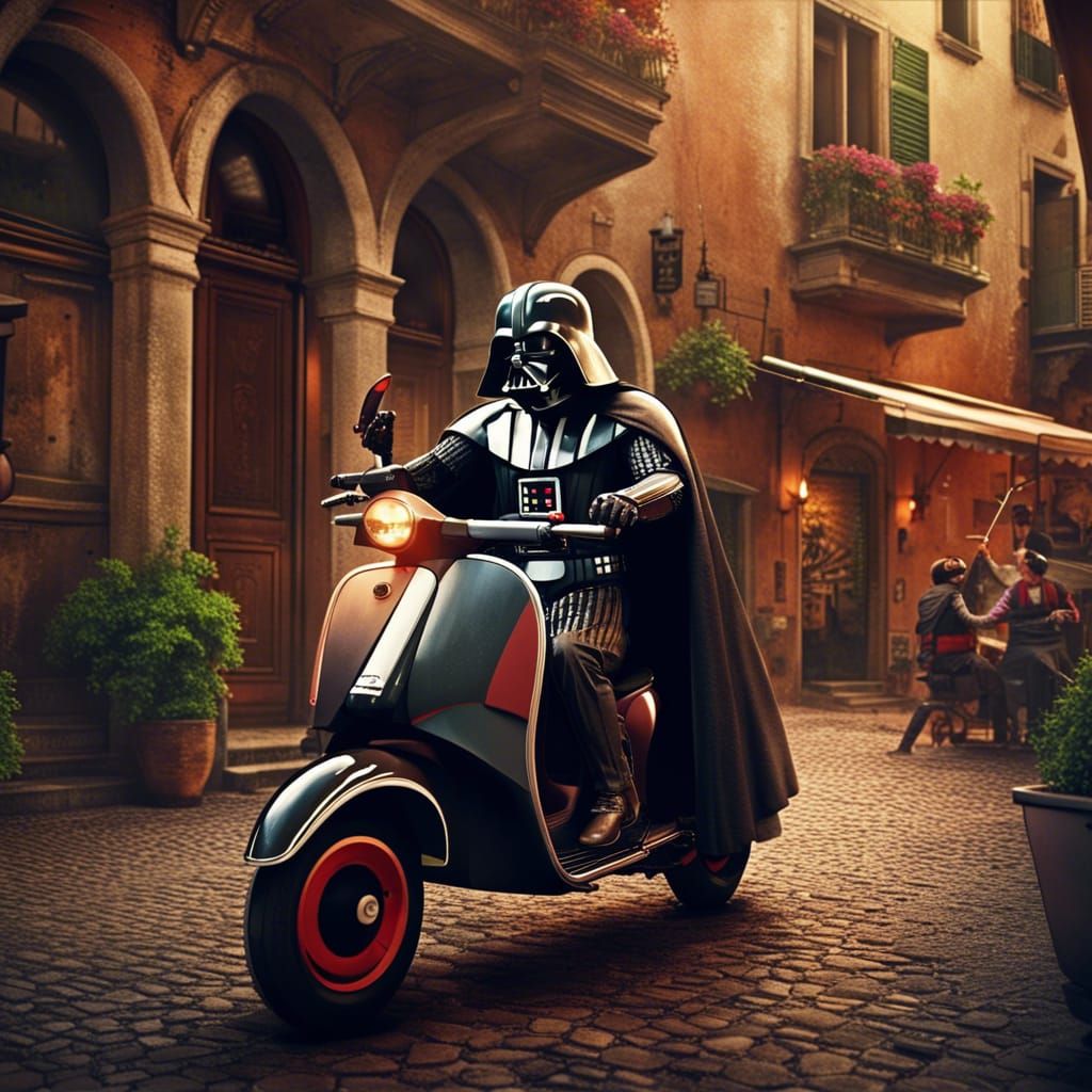 Darth Vader riding a Vespa scooter in old Italy with cobblestone streets with people drinking at cafes