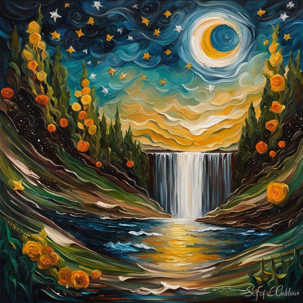 Moonlit Waterfall: An Impasto Painting