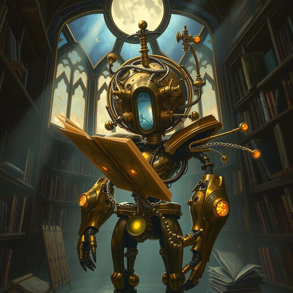 Intricate Brass Automaton Guarding Enchanted Library