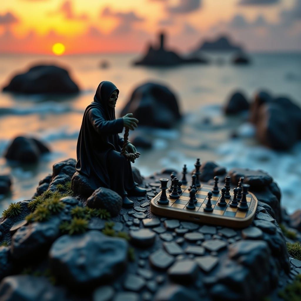 Grim Reaper Diorama with Chessboard at Dusk