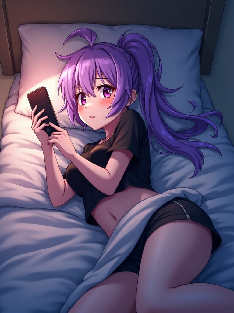 Anime Girl with Neon Hair in Bed