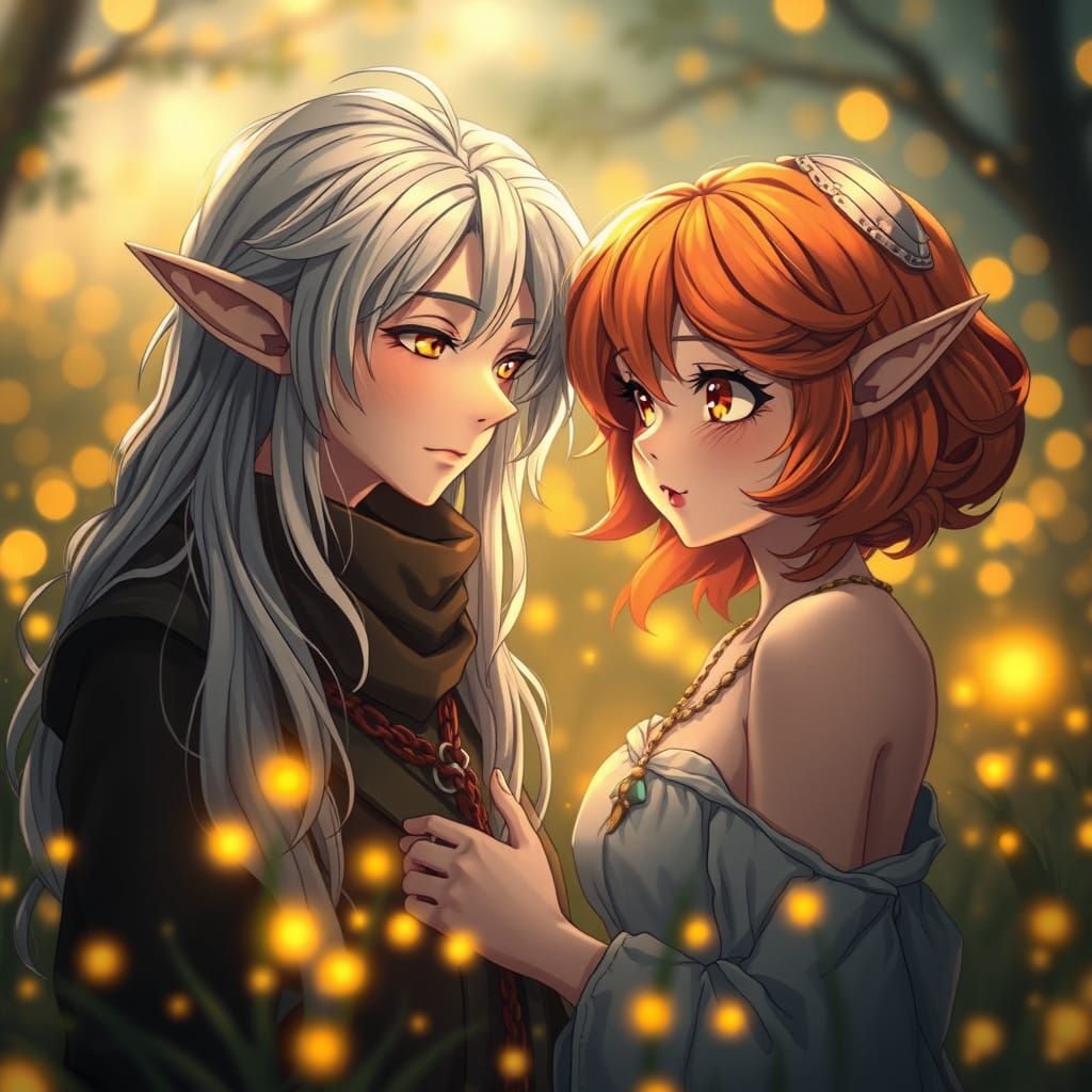 A shy and mysterious couple, the male a blossom elf with long silver hair and golden eyes, the female with fiery red-ora...