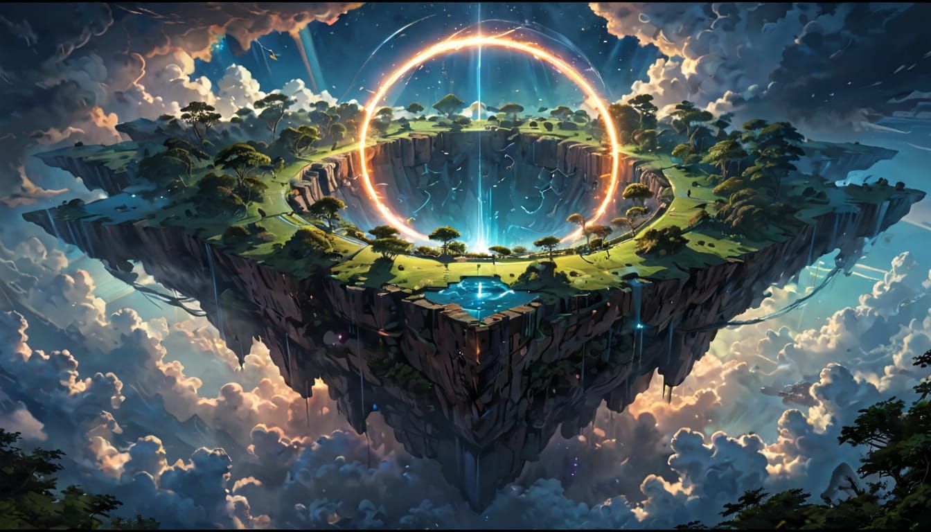 Surreal Floating Oasis Rises from Celestial Clouds