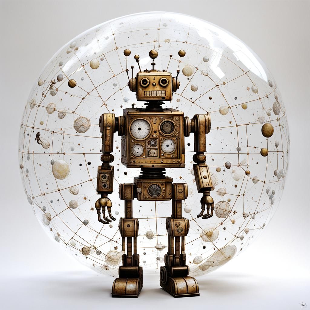 Vitruvian Robot in Constellation Bubble, Steampunk Style