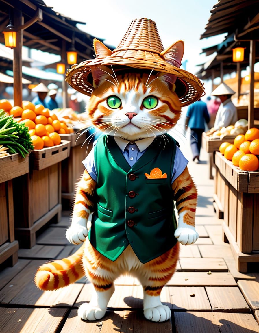 Orange Cat Inspects Vibrant Fish Bazaar