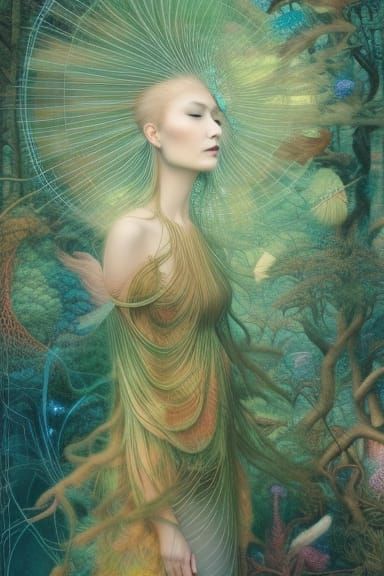 Surreal Woman Meditating in Mycelium Network