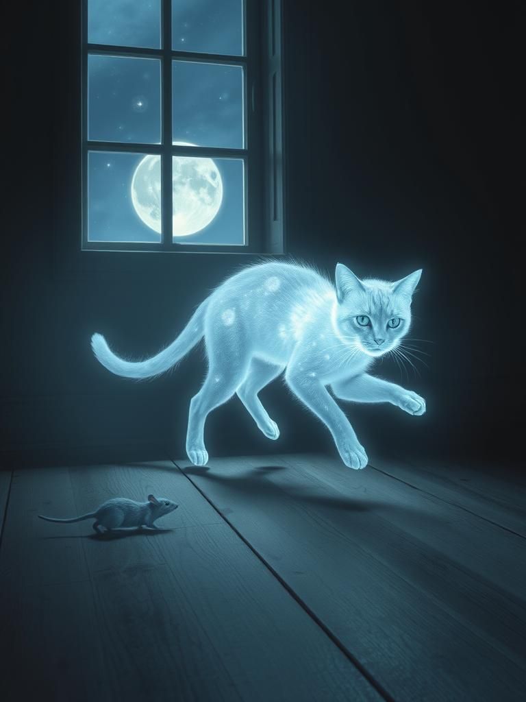 Ethereal Ghost Cat in Moonlight, Magical Realism