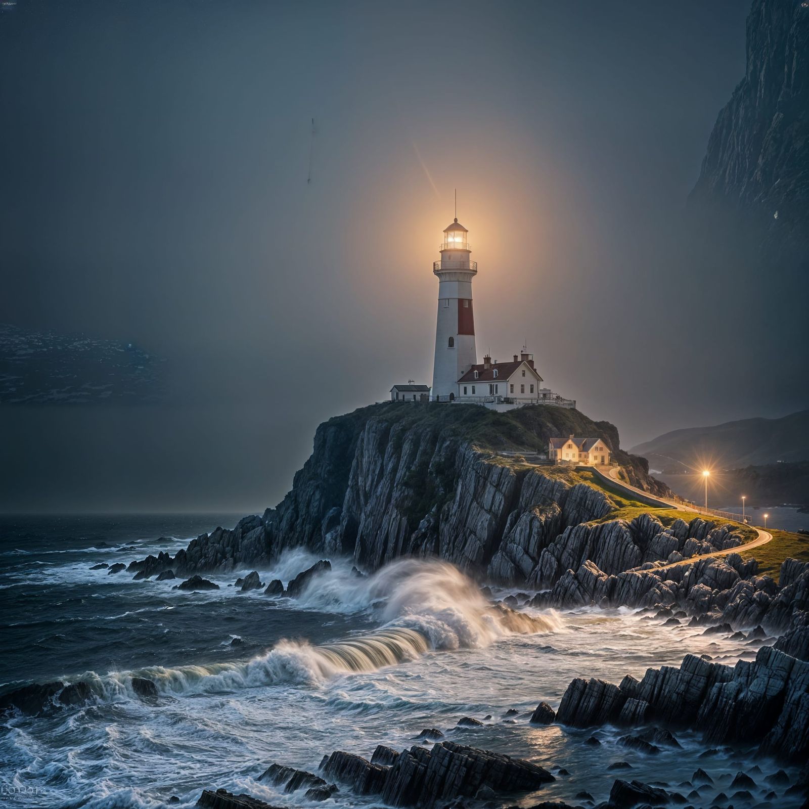 Lighthouse at Night on Rocky Shore in Fog