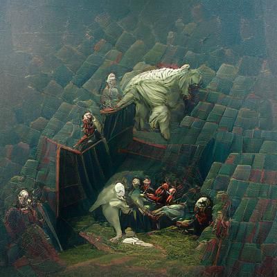 Isometric Horror Scene in Doré Style