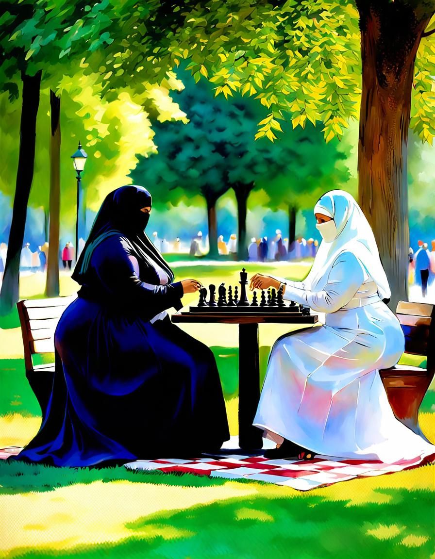 Niqabi Women Play Chess in Watercolor Park