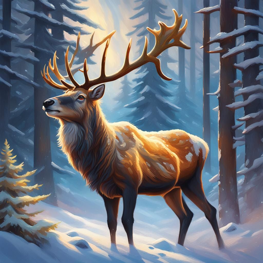 Reindeer in Winter Forest, Oil Painting Style
