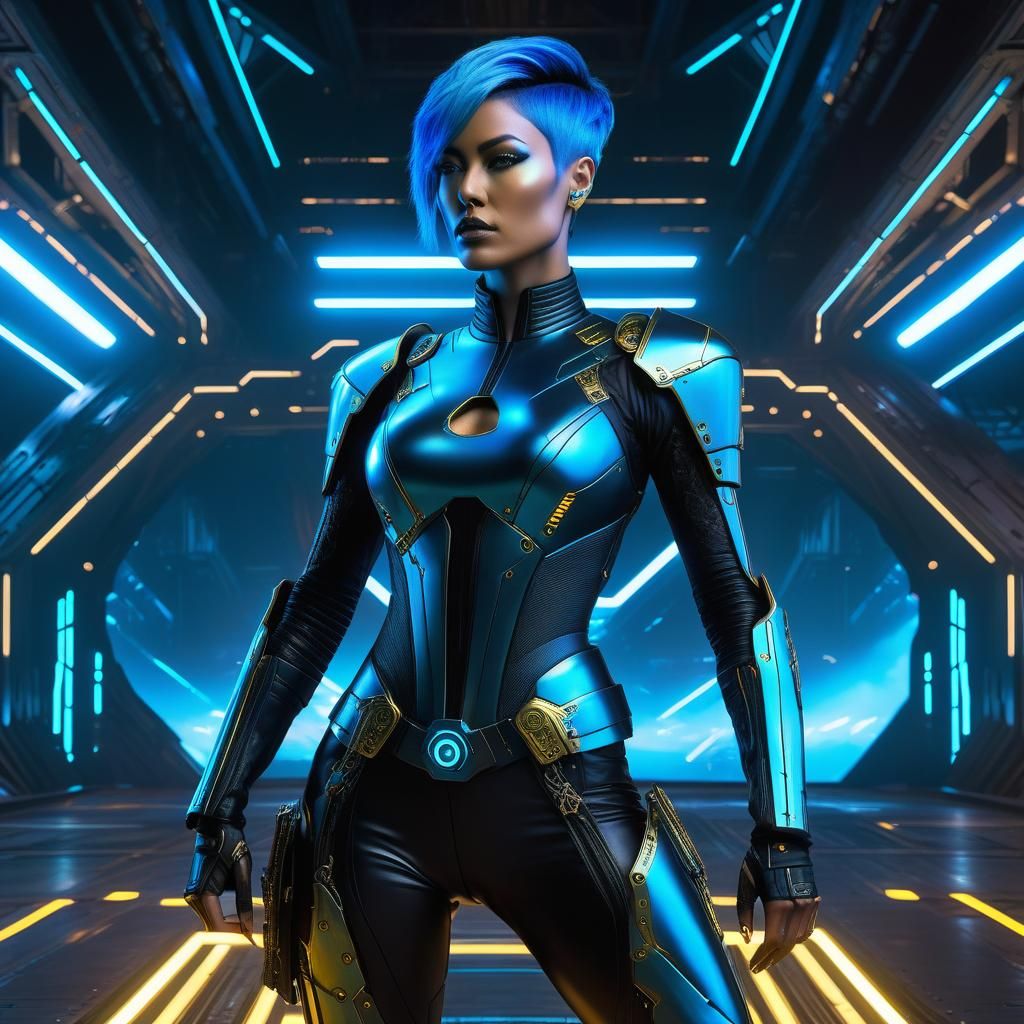 Cyberpunk Cyborg Ready for Battle in Hangar Bay