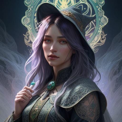 Enchanting Witch Portrait with Lace Cloak, Digital Art