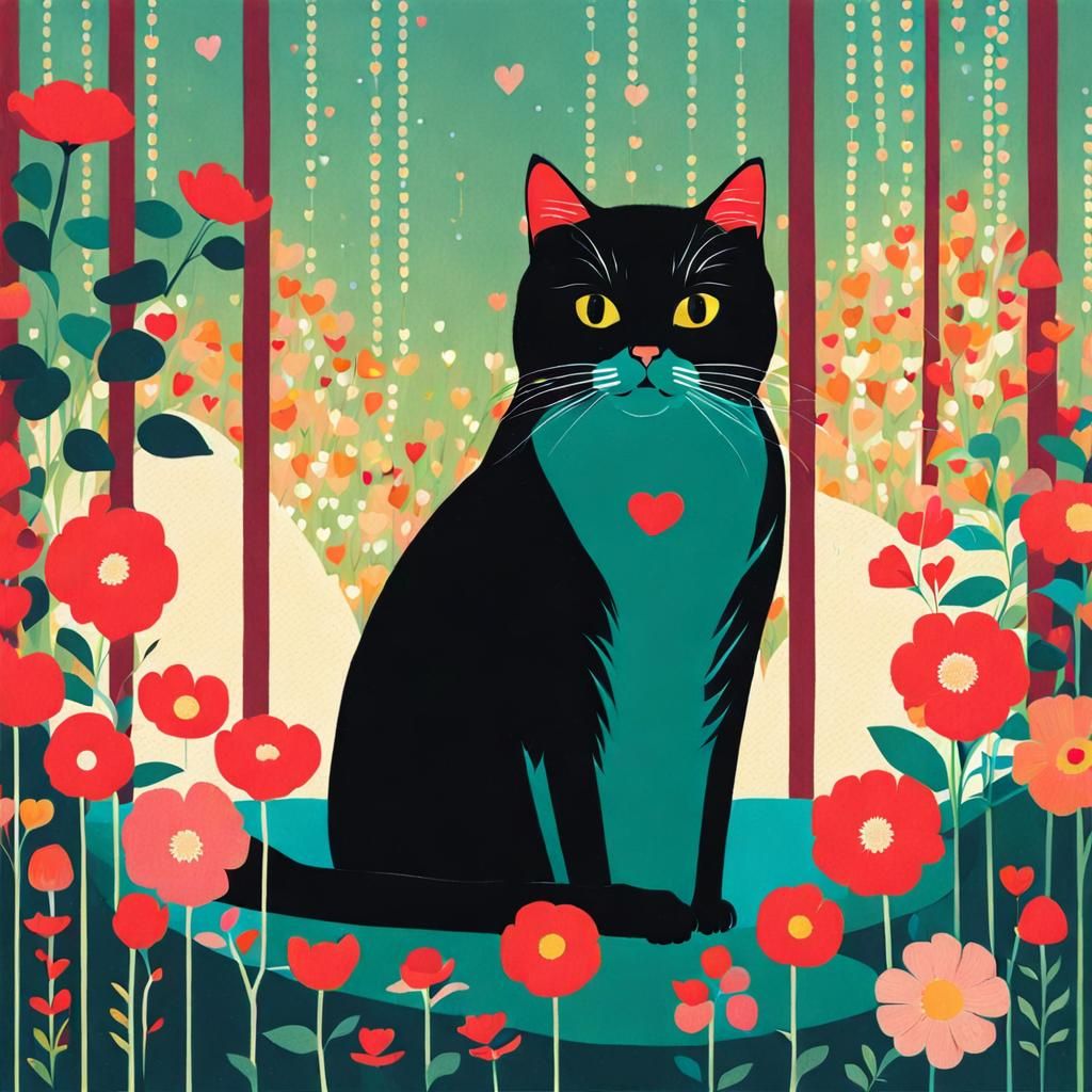 Cute Cat with Flowers Illustration