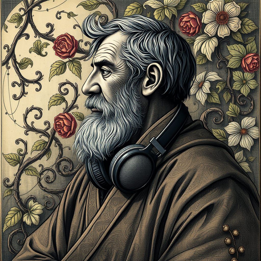 Etched Portrait of Man with Headphones in Rembrandt Style