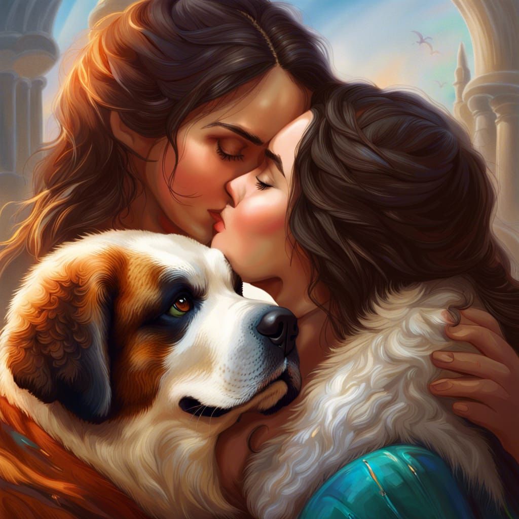 Woman's Affectionate Kiss with Saint Bernard: Hyperrealistic...