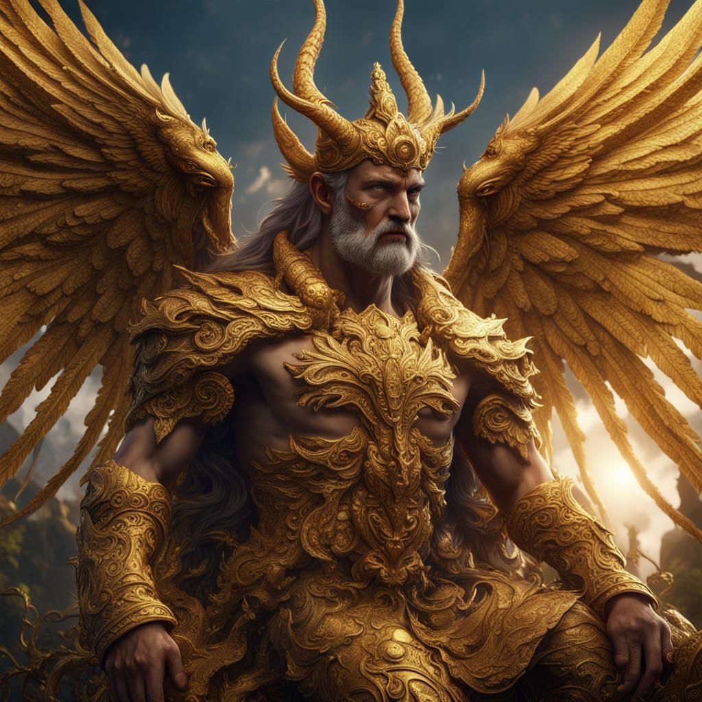 Mythical Golden God with Wings and Foliage