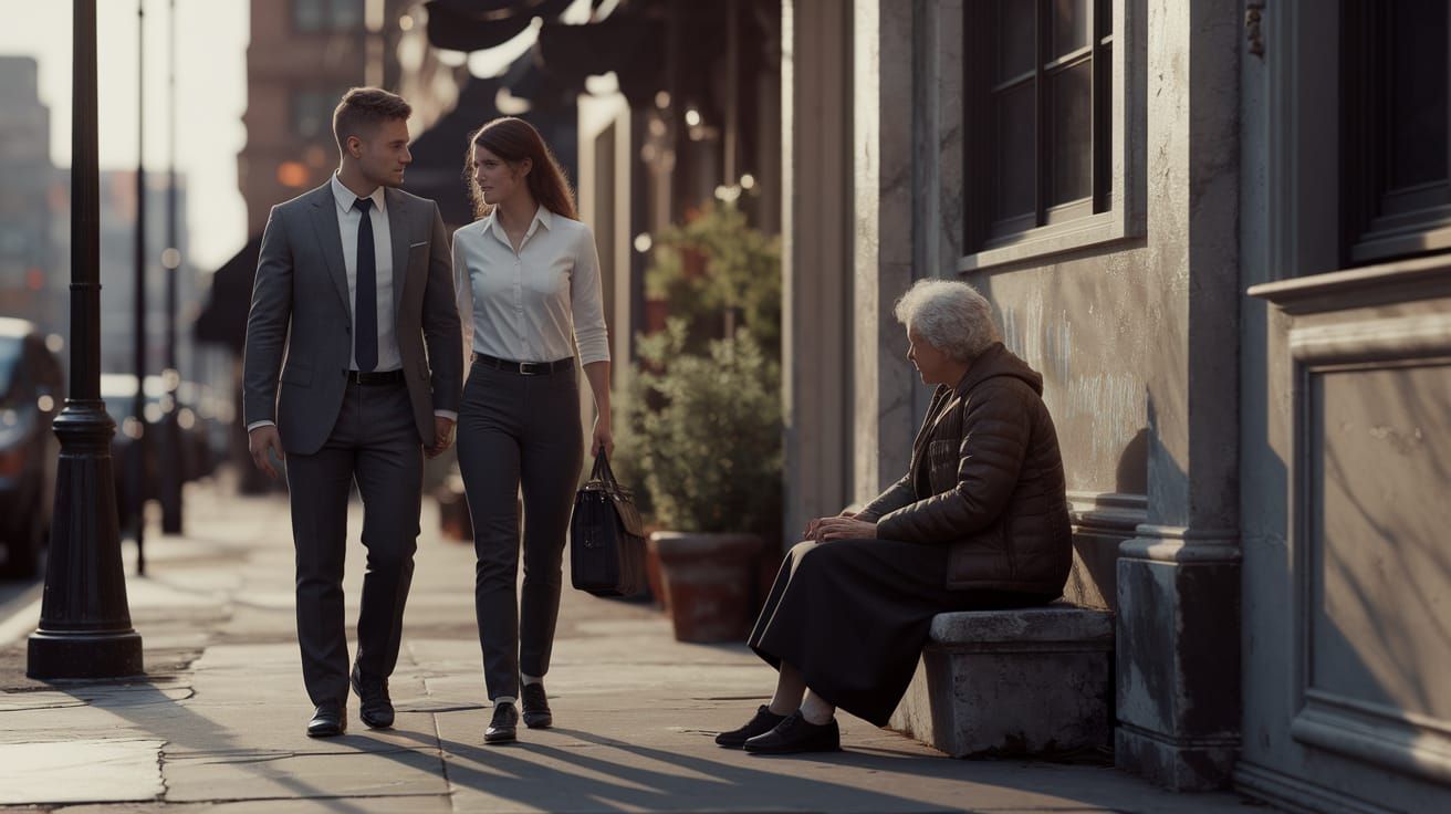 Couple and Homeless Woman: A Poignant Oil Painting