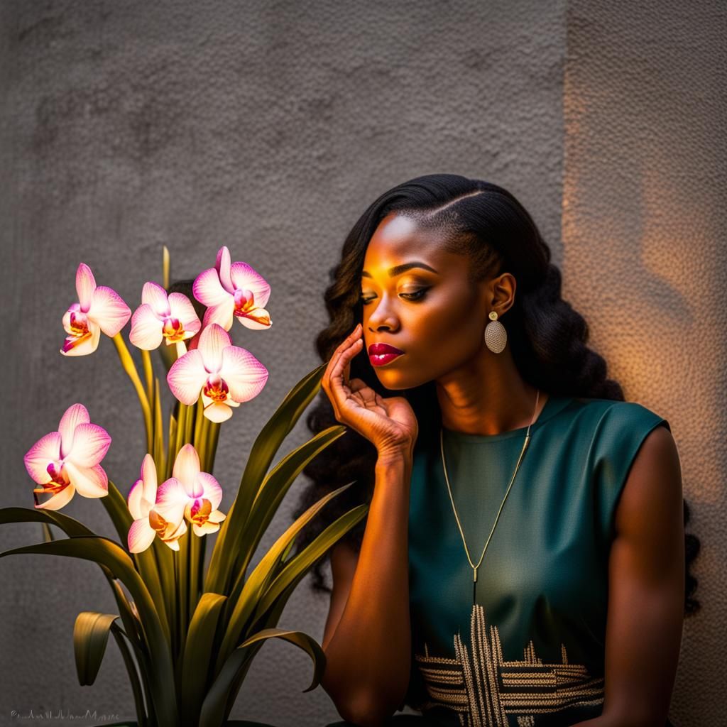 Art Deco Girl Holding Orchids with Volumetric Lighting