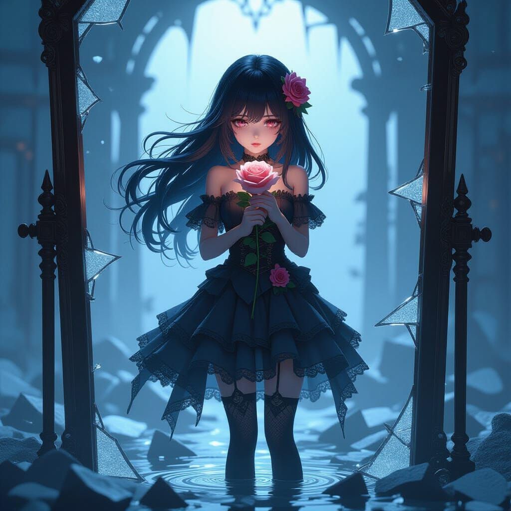 Melancholic Anime Girl in Shattered Mirror Field